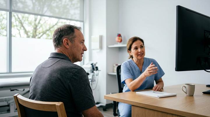 A man in a sunlit consultation room listens as a specialist explains a genicular artery embolization procedure for chronic knee pain.