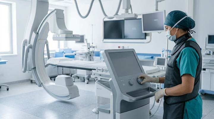 An interventional radiologist in scrubs prepares equipment in a modern clinic, representing advanced diagnosis for chronic pelvic pain.