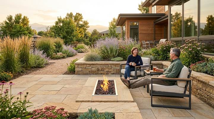 A modern stone patio with a fire pit, part of a Denver landscaping project featuring water-wise native plants and grasses instead of lawn.