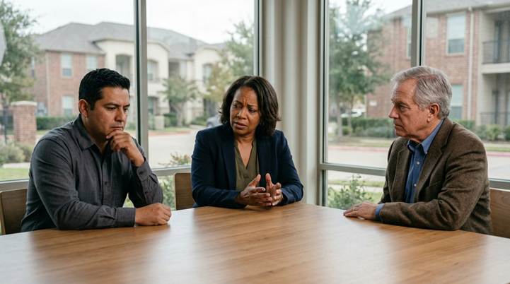 A diverse group of HOA board members has a serious discussion around a table in a community clubhouse, considering professional HOA management.