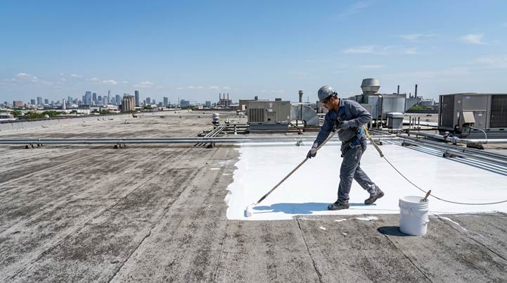 A roofer applies a white silicone roof coating with a roller to a large, flat commercial building, extending the roof's life.
