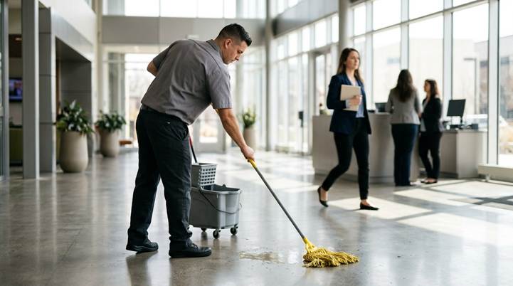 A day porter in a gray uniform mops a small spill on the floor of a bright, modern office lobby during business hours as people walk by.