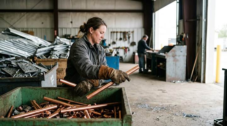 A worker in gloves sorts scrap metal, placing a bright copper pipe into a bin, separating it from steel and aluminum in a recycling yard.