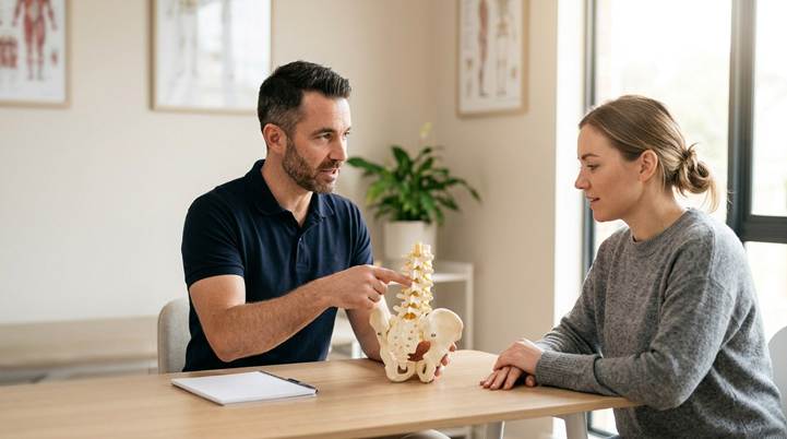 A chiropractor explains a patient's condition using an anatomical spine model during a thorough consultation in a bright office.
