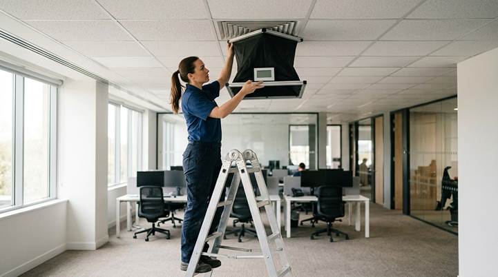 A certified technician stands on a ladder in a commercial office, using an airflow capture hood to measure a ceiling vent while balancing a commercial HVAC system.